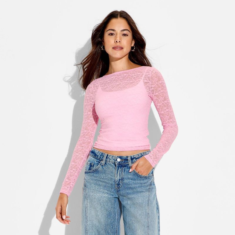 slide 2 of 4, Women's Long Sleeve Open Back Lace Blouse - Wild Fable™ Blush XS, 1 ct