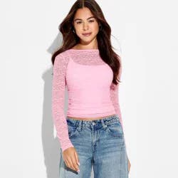 Women's Long Sleeve Open Back Lace Blouse - Wild Fable™ Blush M