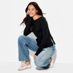 Women's Side Ruched Long Sleeve Boat Neck Top - Wild Fable™ Black L