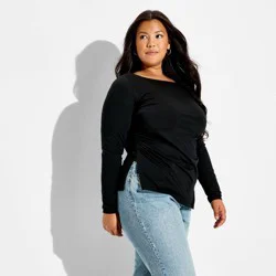 Women's Side Ruched Long Sleeve Boat Neck Top - Wild Fable™ Black XXL
