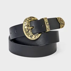 Western Rounded Floral Engraved Western Buckle Belt - Universal Thread™ Black/Gold XL