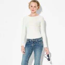 Women's Slim Fit Long Sleeve Boat Neck Ribbed T-Shirt - Wild Fable™ Off-White M