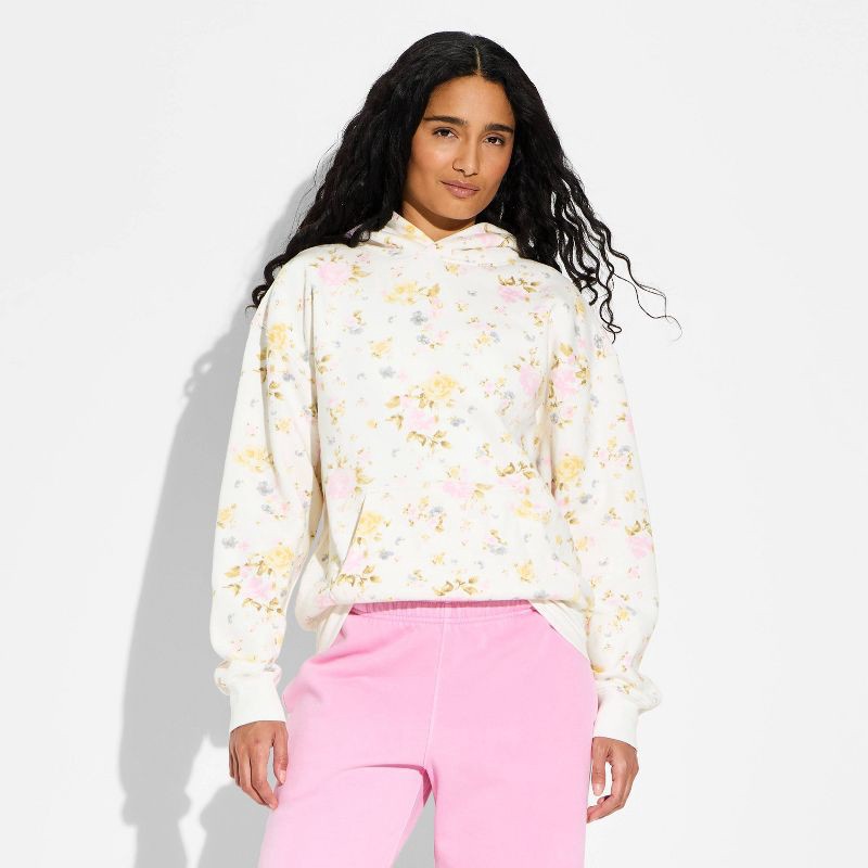 slide 2 of 3, Women's Oversized Hooded Pullover Sweatshirt - Wild Fable™ Cream Floral M, 1 ct