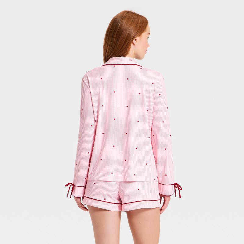 slide 2 of 3, Women's Jersey Long Sleeve Notch Collar Shirt and Shorts Pajama Set - Auden™ Pink Striped M, 1 ct