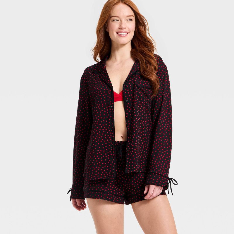 slide 3 of 3, Women's Jersey Long Sleeve Notch Collar Shirt and Shorts Pajama Set - Auden™ Black Heart L, 1 ct