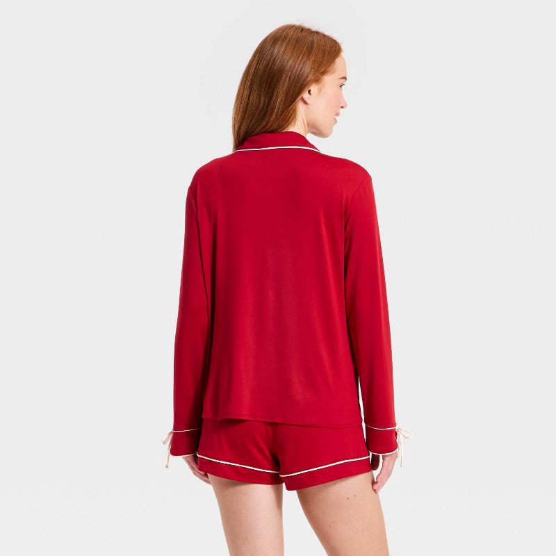 slide 2 of 3, Women's Jersey Long Sleeve Notch Collar Shirt and Shorts Pajama Set - Auden™ Red S, 1 ct