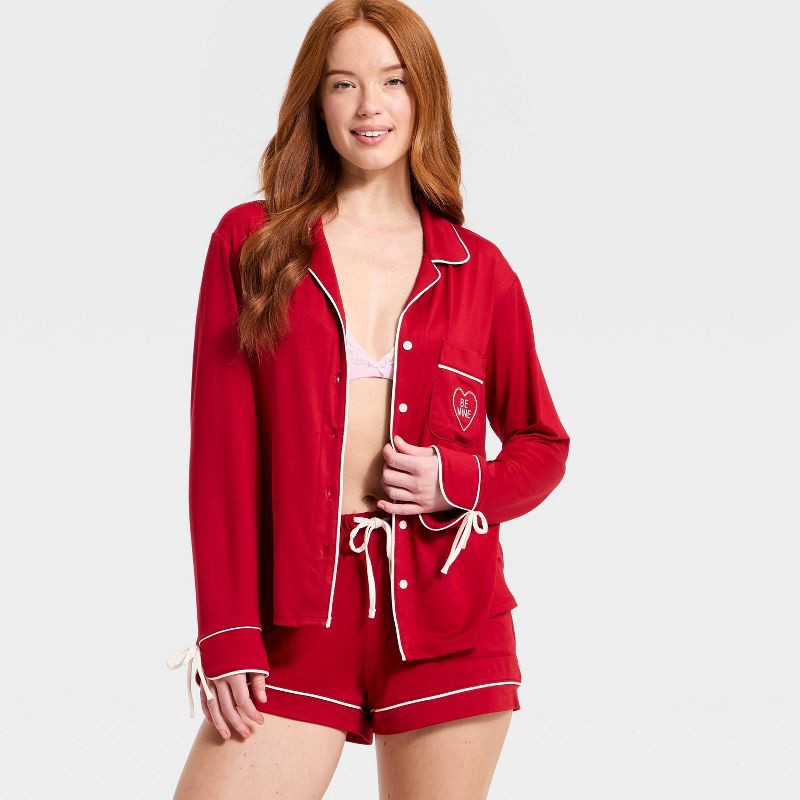 slide 3 of 3, Women's Jersey Long Sleeve Notch Collar Shirt and Shorts Pajama Set - Auden™ Red S, 1 ct