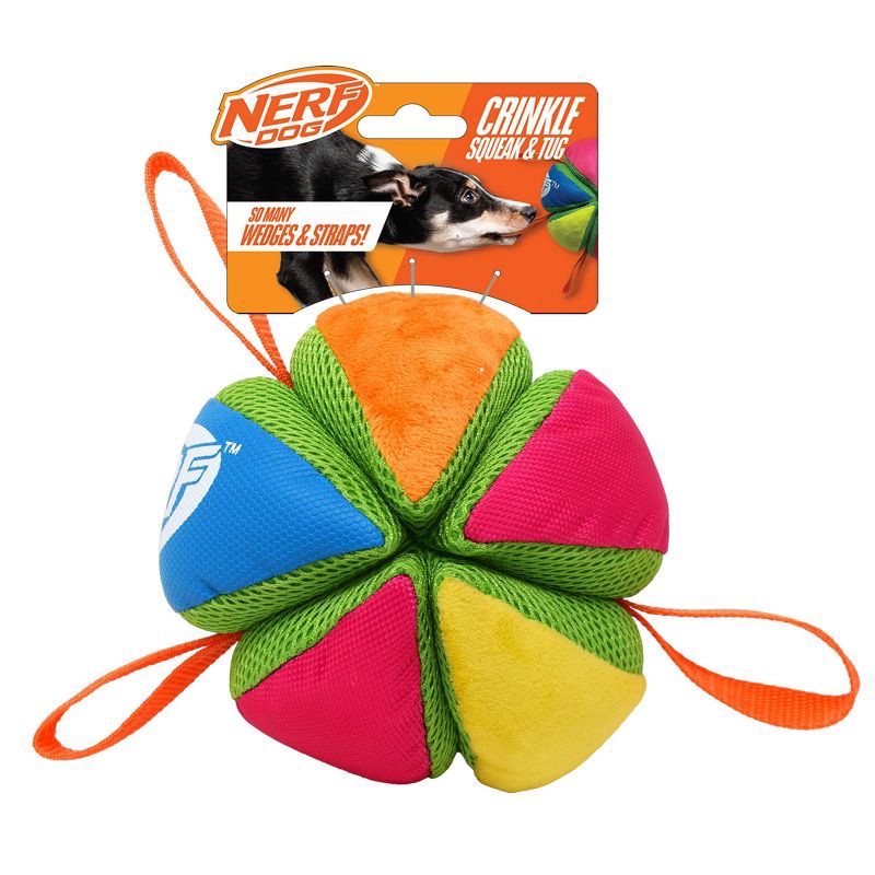 slide 1 of 7, NERF Squeak and Crunch Wedge with Straps Ball Dog Toy: Rubber, Large/Medium Breeds, Tug and Fetch Activities, 1 ct