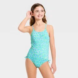 Girls' Vibrant Meadow Floral One Piece Swimsuit - art class™ Blue S