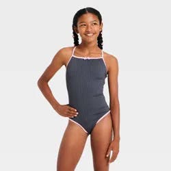 Girls' Sweet Ribbed Solid One Piece Swimsuit - art class™ Smoky Lilac XS
