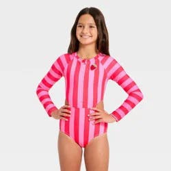 Girls' Long Sleeve Beach Umbrella Striped One Piece Swimsuit - Cat & Jack™ Pink XS