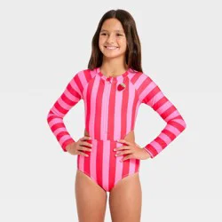 Girls' Long Sleeve Beach Umbrella Striped One Piece Swimsuit - Cat & Jack™ Pink L