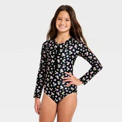 Girls' Long Sleeve Daydream Ditsy One Piece Swimsuit - Cat & Jack™ Black L