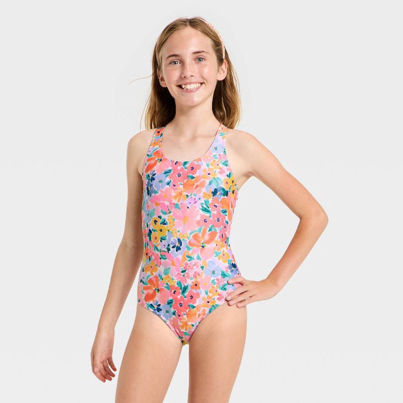 slide 1 of 3, Girls' Sunny Fields Floral Printed One Piece Swimsuit - Cat & Jack™ S, 1 ct