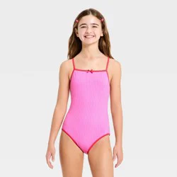 Girls' Sweet Ribbed Solid One Piece Swimsuit - art class™ Pink L