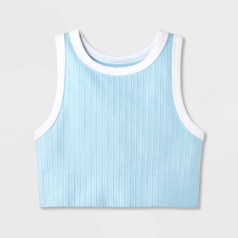 slide 1 of 3, Girls' Seamless Contrast Trim High Neck Bra - art class™ Blue S, 1 ct