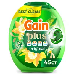 Gain Original Super Flings Plus Laundry Detergents - 45ct: Plastic Tub, Odor Control, Paraben-Free, Child-Resistant Packaging