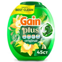 Gain Original Super Flings Plus Laundry Detergents - 45ct: Plastic Tub, Odor Control, Paraben-Free, Child-Resistant Packaging