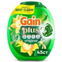 Gain Original Super Flings Plus Laundry Detergents - 45ct: Plastic Tub, Odor Control, Paraben-Free, Child-Resistant Packaging