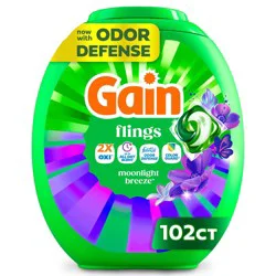 Gain Flings Moonlight Breeze Laundry Detergents - 102ct: Plastic Tub, Odor Control, Cold Water Detergent, Child-Resistant Packaging