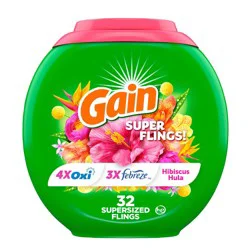 Gain Hibiscus Hula Super Flings Plus Laundry Detergents - 32ct: Concentrated, Deep Cleaning, High Efficiency, Child-Resistant Packaging