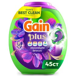Gain Moonlight Breeze Super Flings Plus Laundry Detergents - 45ct: Plastic Tub, Cold & Hot Water Detergent, Phosphate-Free