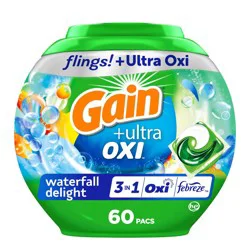 Gain Waterfall Delight Flings OXI Laundry Detergent - 60ct: Plastic Tub, Paraben-Free, Child-Resistant Packaging
