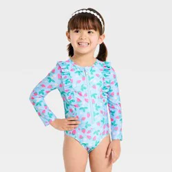 Baby Girls' Strawberry Long Sleeve One Piece Swimsuits - Cat & Jack™ Blue 12M