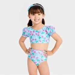 Toddler Girls' 2 pc Strawberry Puff Sleeve Bikini - Cat & Jack™ Blue 2T