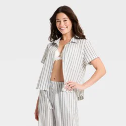 Women's Striped Cotton Blend Short Sleeve Pajama Shirt - Auden™ Olive Green/White XS