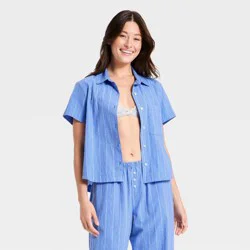 Women's Striped Cotton Blend Short Sleeve Pajama Shirt - Auden™ Blue S