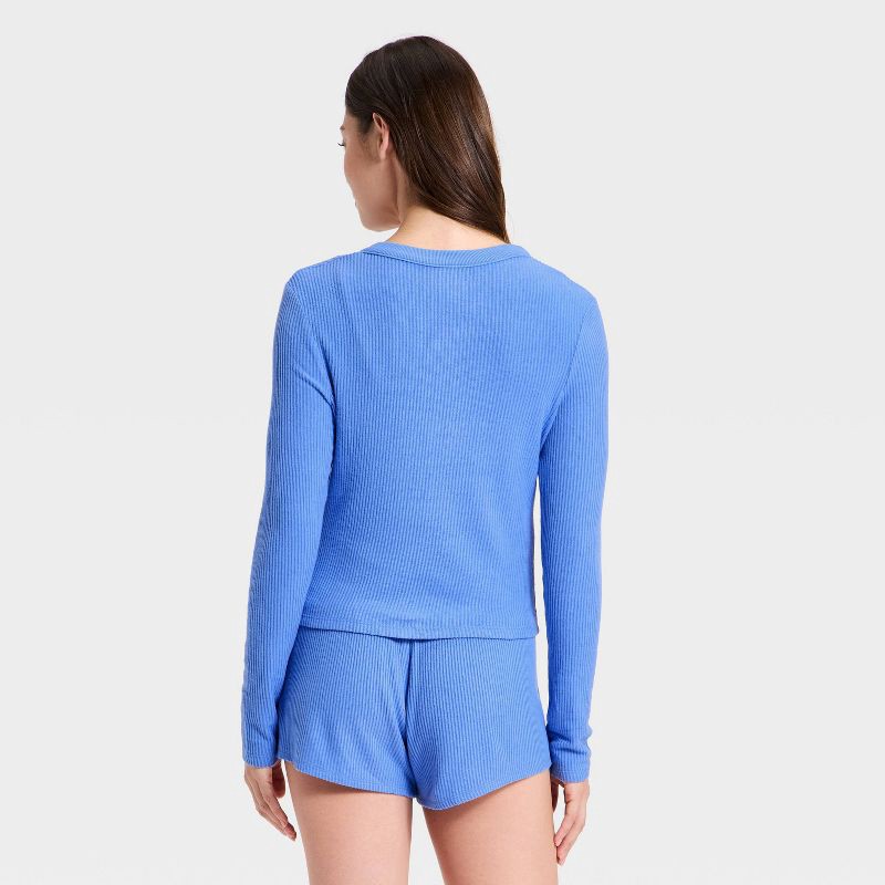 slide 2 of 3, Women's Cozy Ribbed Long Sleeve Button Front Cardi Top - Auden™ Blue L, 1 ct