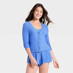 Women's Cozy Ribbed Long Sleeve Button Front Cardi Top - Auden™ Blue L