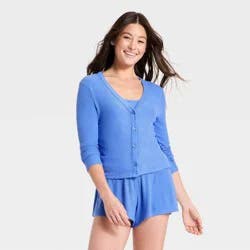 Women's Cozy Ribbed Long Sleeve Button Front Cardi Top - Auden™ Blue XL