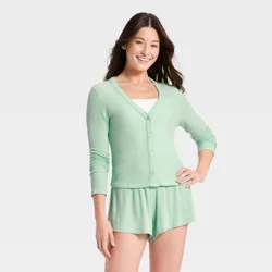 Women's Cozy Ribbed Long Sleeve Button Front Cardi Top - Auden™ Mint S