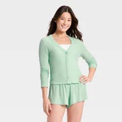 Women's Cozy Ribbed Long Sleeve Button Front Cardi Top - Auden™ Mint M