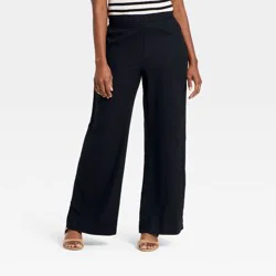 Women's Linen Wide Leg Pull-On Pants - A New Day™ Black XS