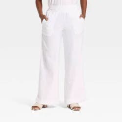 Women's Linen Wide Leg Pull-On Pants - A New Day™ White XL