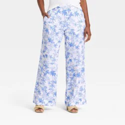 Women's Linen Wide Leg Pull-On Pants - A New Day™ Blue/White Toile XS