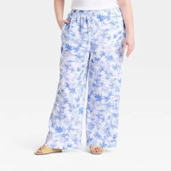Women's Linen Wide Leg Pull-On Pants - A New Day™ Blue/White Toile XXL