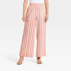 Women's Linen Wide Leg Pull-On Pants - A New Day™ Red/White Striped M