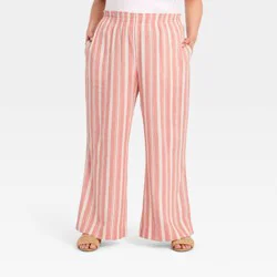 Women's Linen Wide Leg Pull-On Pants - A New Day™ Red/White Striped XXL