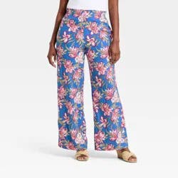 Women's Linen Wide Leg Pull-On Pants - A New Day™ Blue Floral XL