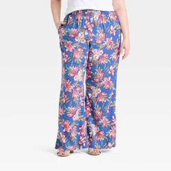 Women's Linen Wide Leg Pull-On Pants - A New Day™ Blue Floral XXL