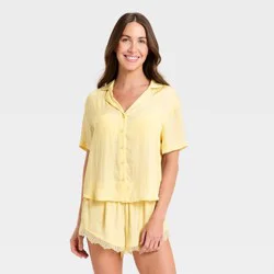 Women's Luxury Collection Satin Notch Collar Top and Lace Trim Shorts Pajama Set - Auden™ Yellow XS