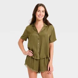 Women's Luxury Collection Satin Notch Collar Top and Lace Trim Shorts Pajama Set - Auden™ Olive Green M
