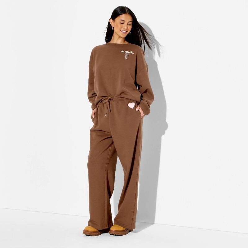 slide 1 of 3, Polly Pocket Women's Heart Fleece Graphic Pull-On Pants - Brown L, 1 ct
