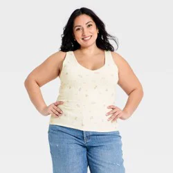 Women's Western Lace Trim Pointelle Tank Top - Universal Thread™ Cream Floral XXL
