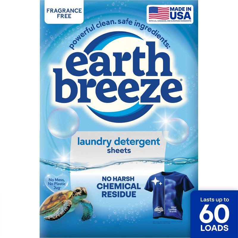 slide 1 of 11, Earth Breeze Fragrance Free Laundry Detergent Sheets - 60 loads: Hypoallergenic, Bleach-Free, Non-Toxic, Dermatologist Tested, 1 ct