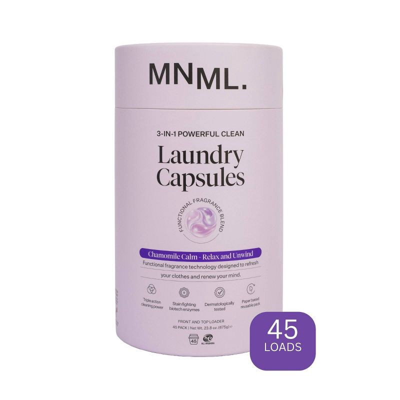 slide 1 of 9, MNML Chamomile Calm Capsules Laundry Detergent 45 Pods - 23.8 fl oz: Dermatologist Tested, Sensitive Formula, Paraben-Free, Bleach-Free, 23.8 fl oz